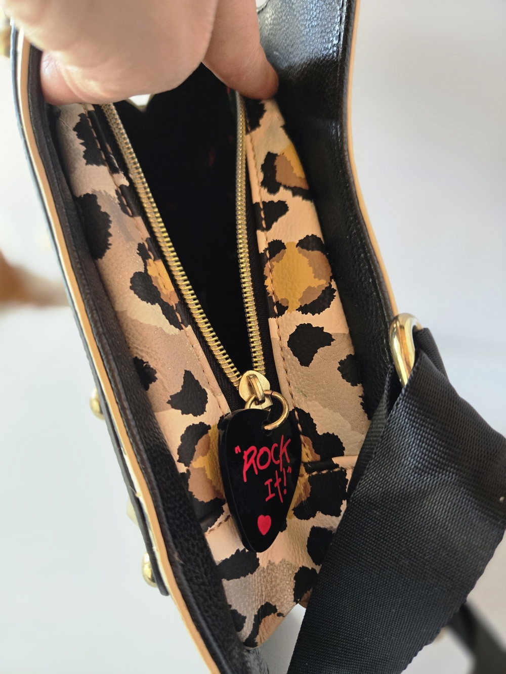 Betsey Johnson Leopard Print Guitar Crossbody in Black, Tan and Cream - Picture 8 of 9